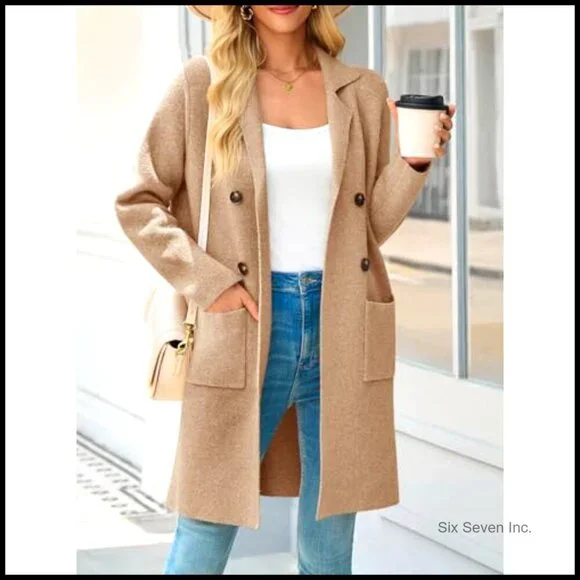 Chunky Knit Cardigan Coatigan Open Front Lapel Collar Casual Elegant Sweater - Picture 2 of 6